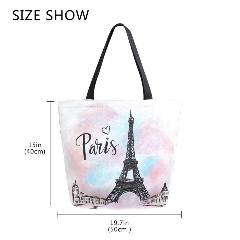 Pfrewn Eiffel Tower Canvas Tote Bag for Women Extra Large Grocery Bag Reusable Casual Beach Shopping Tote Heavy Duty Washable Shoulder Bags Handbag with Handles - Image 5